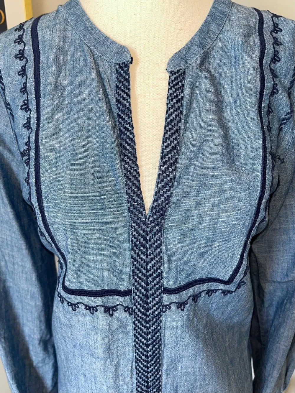 J. Crew Chambray Embroidered Bib Long Sleeve Boho Top | Blue Denim | NWOT